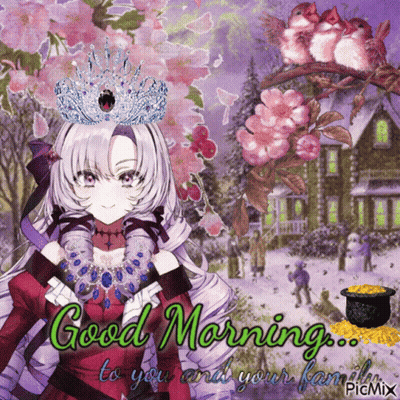 A Picture Of A Girl With A Crown On Her Head And The Words " Good Morning To You And Your Family " GIF
