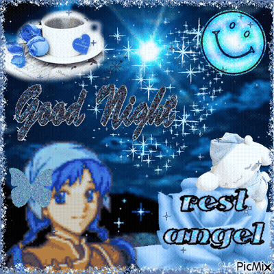 A Picture Of A Girl With A Cup Of Coffee And A Smiley Face Says Good Night Rest Angel GIF