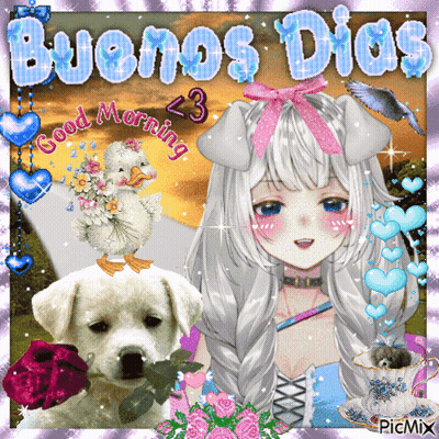 A Picture Of A Girl With A Dog And A Duck That Says Buenos Dias On It GIF