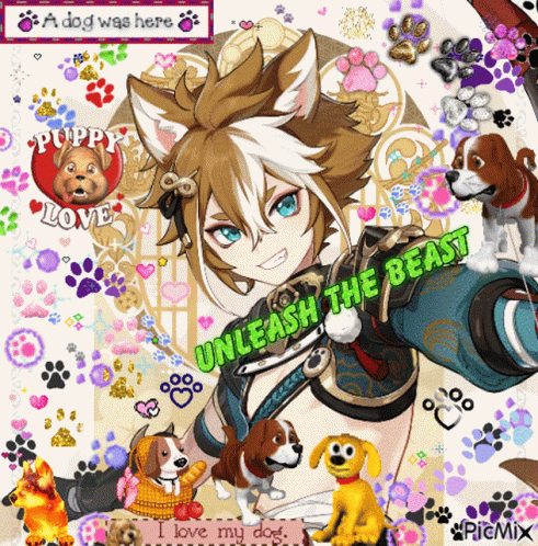 A Picture Of A Girl With A Dog And The Words Unleash The Beast GIF