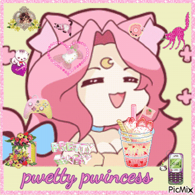 A Picture Of A Girl With A Drink And The Words Pwetty Princess On The Bottom GIF