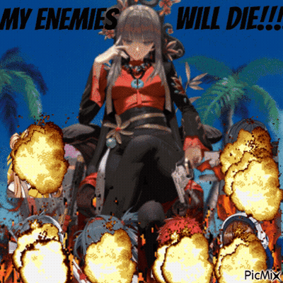 A Picture Of A Girl With A Gun And The Words " My Enemies Will Die " Behind Her GIF