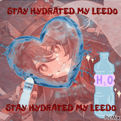 A Picture Of A Girl With A Heart Made Of Water And A Bottle Of Water With The Words Stay Hydrated My Leedo GIF