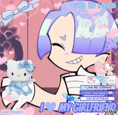 A Picture Of A Girl With A Hello Kitty And The Words I 'M In Love GIF