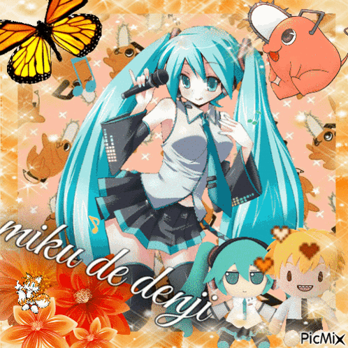 A Picture Of A Girl With A Microphone And The Words Miku De Degi On It GIF