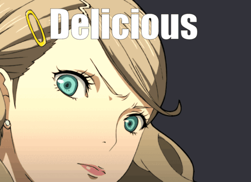 A Picture Of A Girl With A Paper Clip In Her Hair And The Word Delicious Below It GIF
