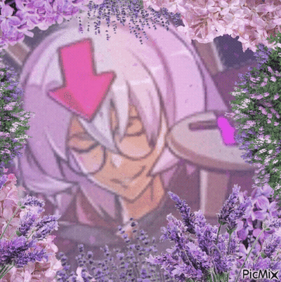A Picture Of A Girl With A Pink Arrow On Her Head Surrounded By Purple Flowers . GIF