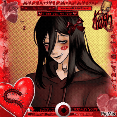 A Picture Of A Girl With A Red Heart And The Words " Kiss Me Until I Start To Rot " On Top GIF