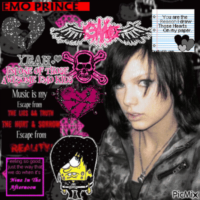 A Picture Of A Girl With A Skull And Crossbones And The Words Emo Prince On The Top GIF