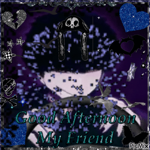A Picture Of A Girl With A Skull On Her Head And The Words Good Afternoon My Friend GIF