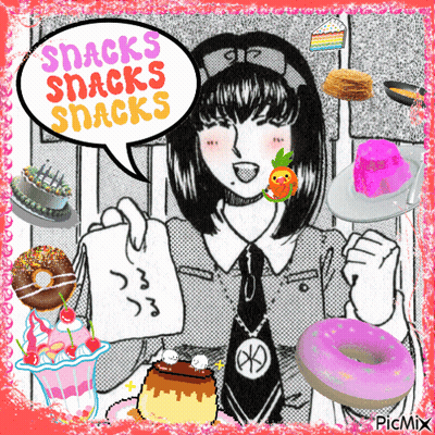 A Picture Of A Girl With A Speech Bubble That Says Snacks Snacks Snacks On It GIF