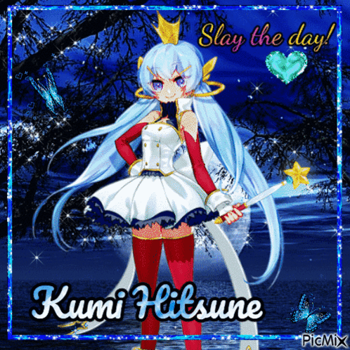 A Picture Of A Girl With A Sword And The Name Kumi Hitsune On It GIF
