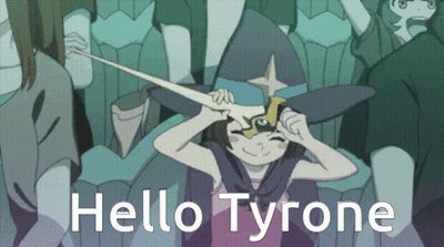 A Picture Of A Girl With A Sword And The Words Hello Tyrone Below Her GIF