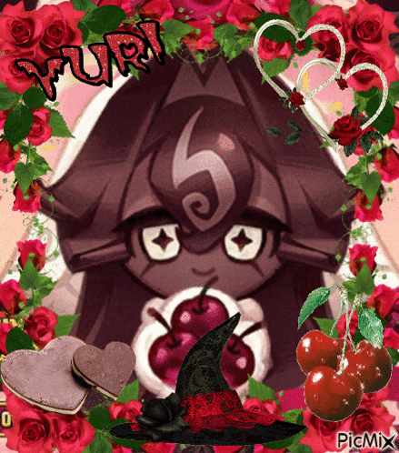 A Picture Of A Girl With A Witch Hat Surrounded By Red Roses And Cherries With The Word Yuri In The Middle GIF