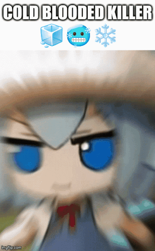 A Picture Of A Girl With Blue Eyes And The Words Cold Blooded Killer Below Her GIF