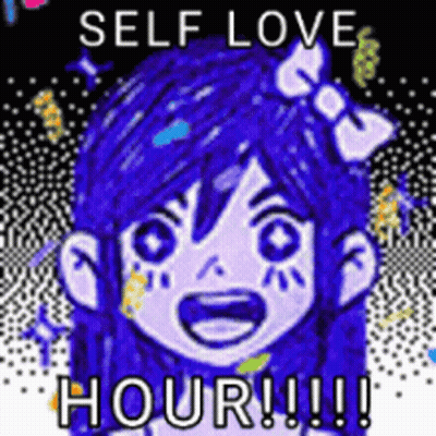 A Picture Of A Girl With Blue Hair And A Bow On Her Head With The Words `` Self Love Hour !!! '' GIF