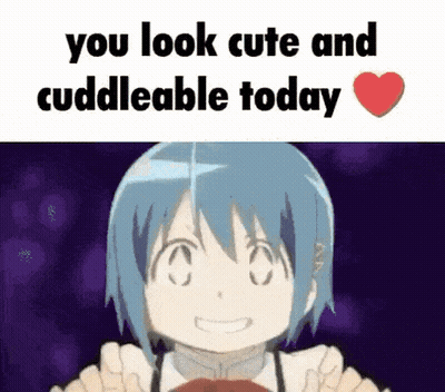 A Picture Of A Girl With Blue Hair And A Heart That Says `` You Look Cute And Cuddly Today '' . GIF