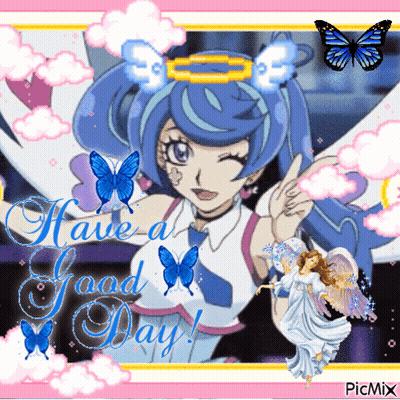 A Picture Of A Girl With Butterfly Wings And The Words Have A Good Day GIF