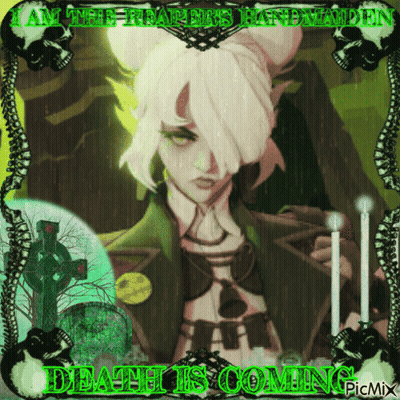A Picture Of A Girl With Candles And The Words Death Is Coming On The Bottom GIF