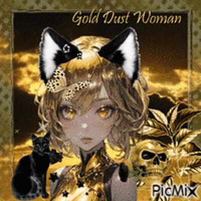 A Picture Of A Girl With Cat Ears And The Words Gold Dust Woman On It GIF
