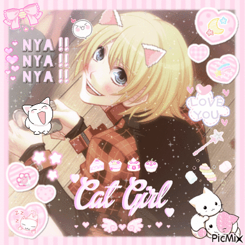 A Picture Of A Girl With Cat Ears Is Surrounded By Pink Hearts And Says Cat Girl GIF