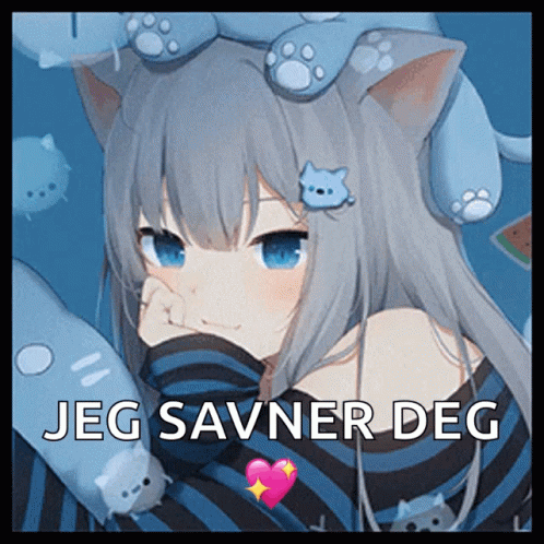 A Picture Of A Girl With Cats On Her Head And The Words Jeg Savner Deg GIF
