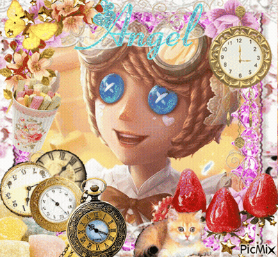 A Picture Of A Girl With Clocks And Flowers And The Word Angel GIF