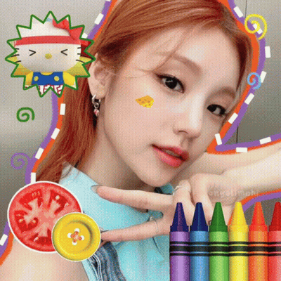 A Picture Of A Girl With Crayons And A Hello Kitty Sticker On Her Face GIF