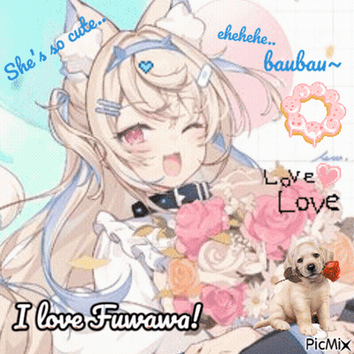 A Picture Of A Girl With Flowers And A Puppy That Says I Love Furawa GIF
