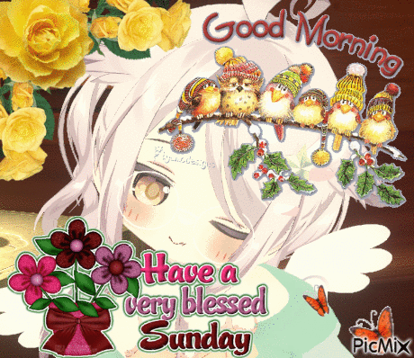 A Picture Of A Girl With Flowers And Birds On Her Head With The Words Good Morning Have A Very Blessed Sunday GIF