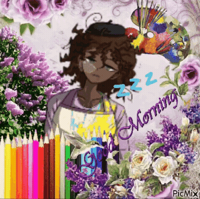 A Picture Of A Girl With Flowers And Pencils And The Words Good Morning GIF