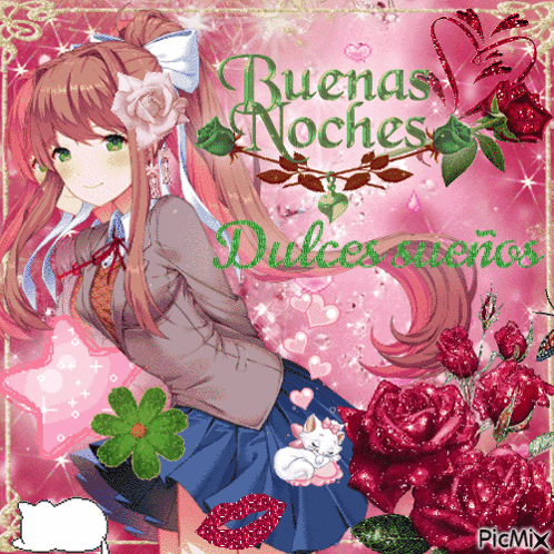 A Picture Of A Girl With Flowers And The Words Buenas Noches Dulces Suenos GIF