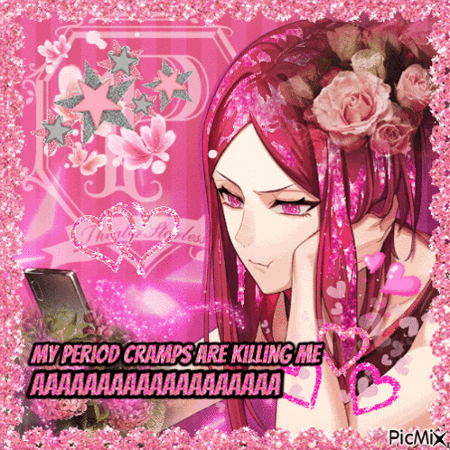 A Picture Of A Girl With Flowers In Her Hair And The Caption My Period Cramps Are Killing Me Aaa GIF
