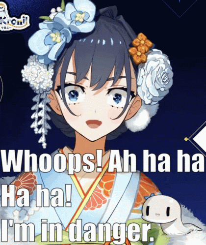 A Picture Of A Girl With Flowers In Her Hair And The Words Whoops Ah Ha Ha Ha Ha Ha Ha Ha I 'M In Danger GIF
