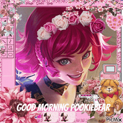 A Picture Of A Girl With Flowers On Her Head And The Words Good Morning Pookiebear GIF