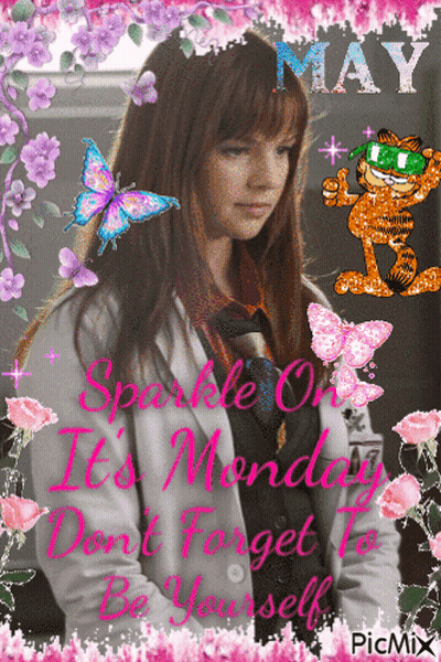 A Picture Of A Girl With Garfield And The Words Sparkle On It 'S Monday Don T Forget To Be Yourself GIF