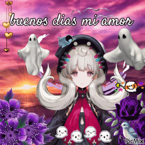 A Picture Of A Girl With Ghosts And The Words Buenos Dias Mi Amor On It GIF