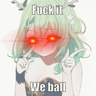 A Picture Of A Girl With Green Hair And Red Eyes That Says Fuck It We Ball GIF