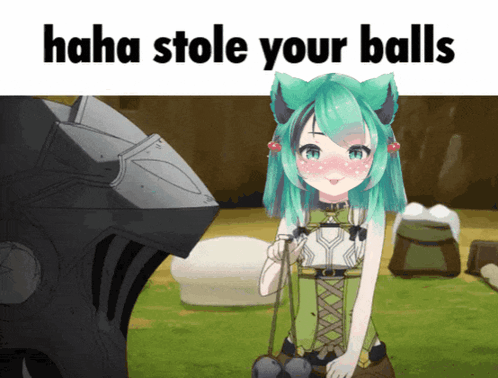 A Picture Of A Girl With Green Hair And The Words " Haha Stole Your Balls " Below Her GIF