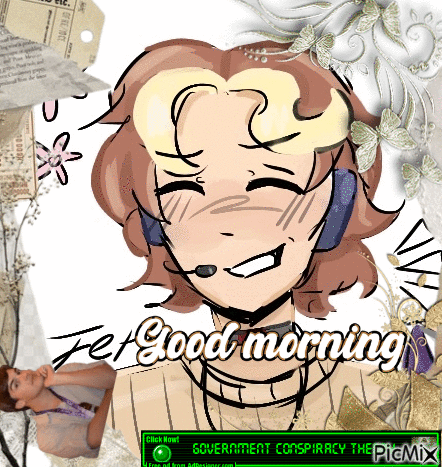 A Picture Of A Girl With Headphones And The Words " For Good Morning " On The Bottom GIF