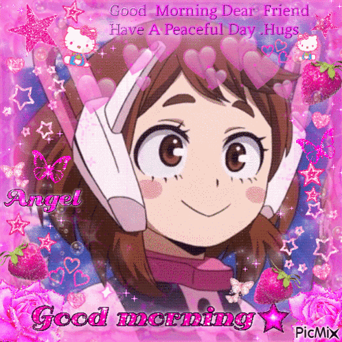 A Picture Of A Girl With Headphones And The Words Good Morning Dear Friend Have A Peaceful Day Hugs . GIF