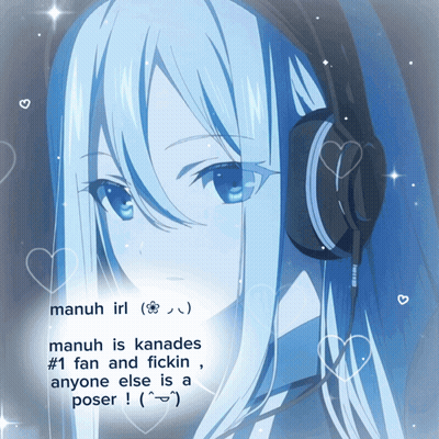 A Picture Of A Girl With Headphones And The Words Manuh Is Kanades # 1 Fan And Fikin Anyone Else Is A Poser GIF