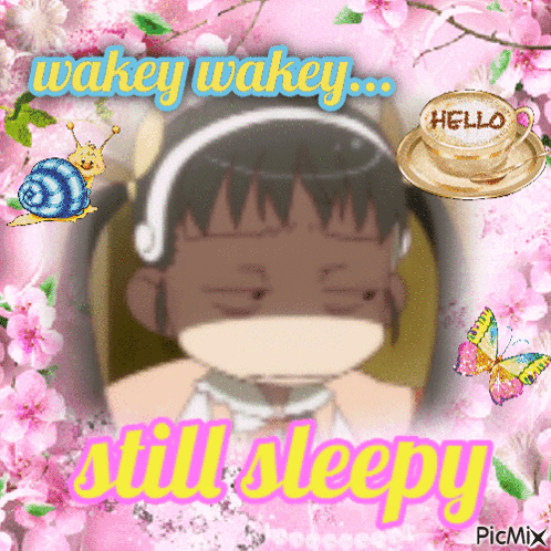 A Picture Of A Girl With Headphones And The Words Wakey Wakey And Still Sleepy GIF