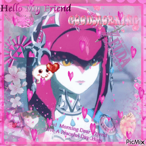 A Picture Of A Girl With Hearts And The Words Hello My Friend GIF