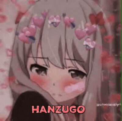 A Picture Of A Girl With Hearts On Her Hair And The Name Hanzugo Written On It . GIF