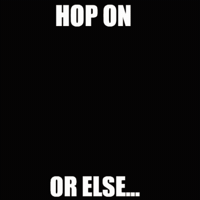 A Picture Of A Girl With Horns And The Words " Hop On Or Else " GIF