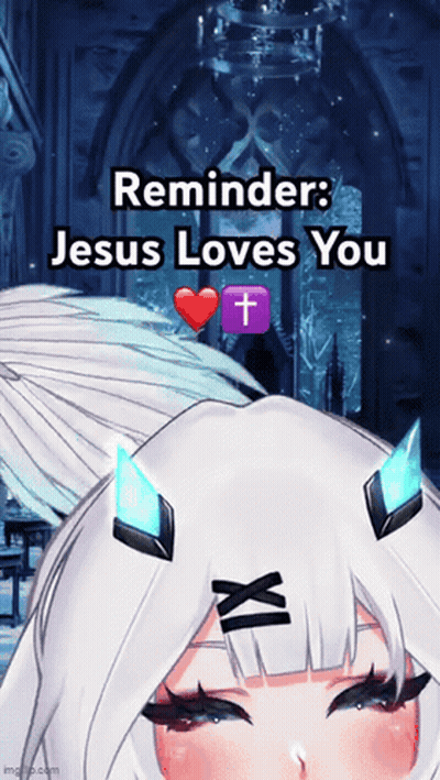 A Picture Of A Girl With Horns And The Words Reminder Jesus Loves You On It GIF