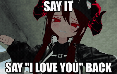 A Picture Of A Girl With Horns That Says " Say It Say I Love You Back " GIF