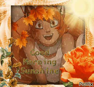 A Picture Of A Girl With Leaves On Her Head And The Words Good Morning Sunshine On The Bottom GIF