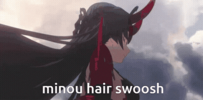 A Picture Of A Girl With Long Black Hair And Horns With The Words Minou Hair Swoosh Below Her . GIF